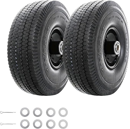 MZREXN 10 Inch Solid Tires 4.10/3.50-4 Flat Free Tire and Wheel Replacement, with 5/8" Axle Bore Hole, 2"-2.2" Offset Hub, for Hand Truck Garden Cart Trolleys Yard Trailers Utility Cart, Black, 2PCS