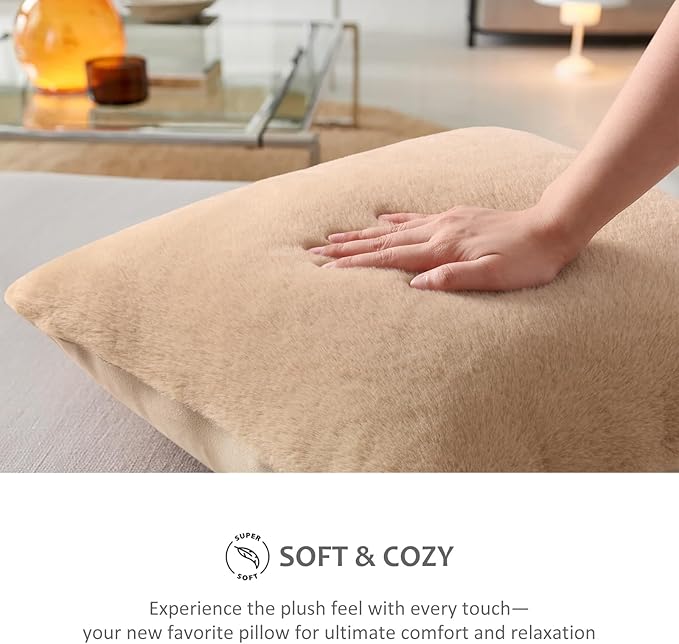 Pallene Faux Fur Plush Throw Pillow Covers 24x24 Set of 2, Soft Fluffy Couch Pillow Covers for Living Room, Khaki