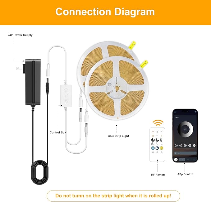 COB LED Strip Lights Warm White,24V Dimmable led Light Strip KIT with Remote and app Control,3000K 32.8FT/2 * 5m 8mm Wide Ra>90 Cuttable Flexible Strip Lights for Bedroom,Wardrobe,Cabinet