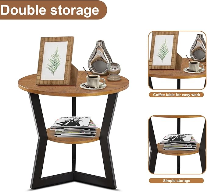 End Table, Round Wood End Table for Living Room with 2-Tier Table Top with Storage Rack, Metal Leg Triangle Support Design, Home Furniture, 25 x 25 x 24 in