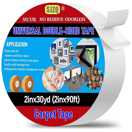 SJZQ Double Sided Carpet Tape 2 in x 30 yd - Heavy Duty Rug Gripper for Area Rugs on Hardwood, Tile, Concrete Floors, Strong Adhesive Removable Residue Free