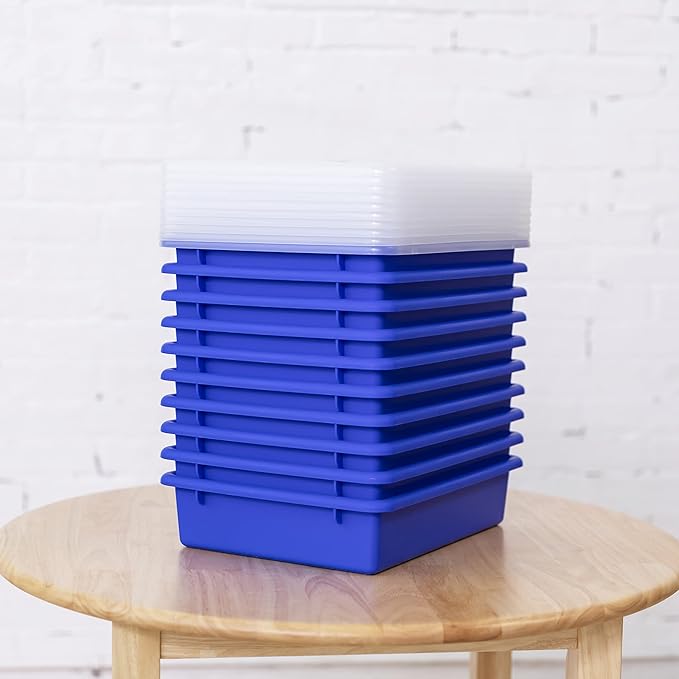 ECR4Kids Letter Size Tray with Lid, Storage Bin, Blue, 10-Piece