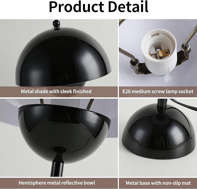 COSYLUX Modern Small Table Lamp for Bedroom, Cute Dome Shade Reflecting Light Reading Lamp for Living Room, Kid's Room, Study, Office, Beside Bedside Nightstand Desk Lamp(Bright Black)