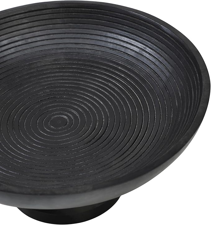 VHC Brands Ribbed Black Wooden Fruit Bowl 5.5x12x12, Kitchen Decor, Decorative Wooden Pedestal Bowl, Perfect Centerpiece for Table, Island, or Counter