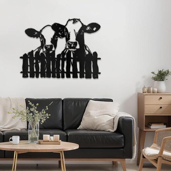 SIGNLEADER Metal Wall Art Decor Two Cows at the Fence Minimalist Modern Abstract Wall Sculpture Hangings Home Decoration for Living Room, Bedroom, Bathroom, Kitchen, Outdoor - 18" Black