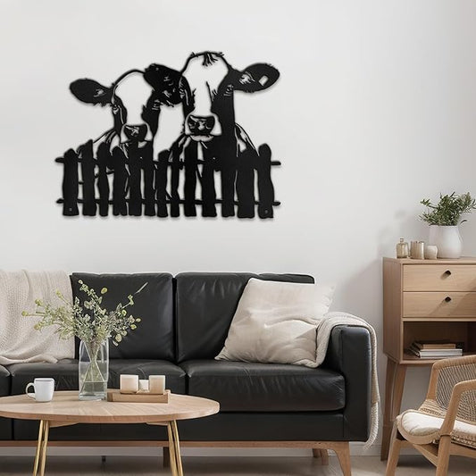 SIGNLEADER Metal Wall Art Decor Two Cows at the Fence Minimalist Modern Abstract Wall Sculpture Hangings Home Decoration for Living Room, Bedroom, Bathroom, Kitchen, Outdoor - 18" Black