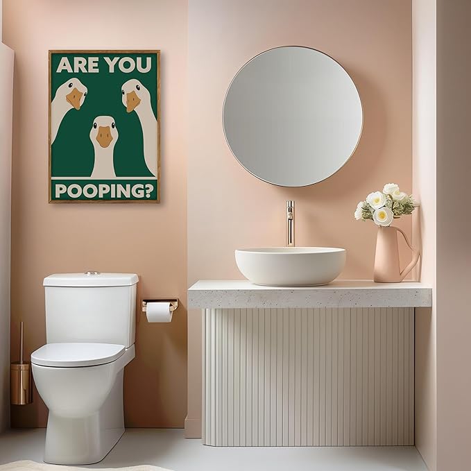 RVETNGVM Funny Three Geese Wall Art Are You Pooping Vintage Bathroom Decor Poster Animals Goosey Humorous Bathroom Aesthetic Prints Painting For Fun Restroom Wall Decor Framed 16"x24"