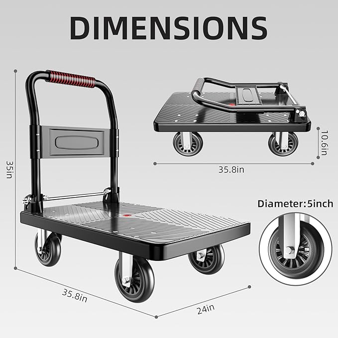 Foldable Push Cart Platform Cart,Moving Platform Hand Truck,Foldable for Easy Storage and 360 Degree Swivel Silent Wheel(880LBS).