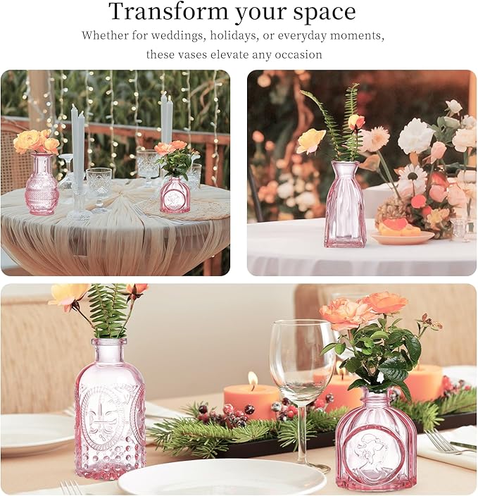 Glass Bud Vases Set of 32 - Pink Assorted Small Mini Glass Vases for Flowers, Crystal Vintage Vase Set, Bulk Centerpieces for Table Décor, Wedding, Home and Events (Pink, 32 Pcs)