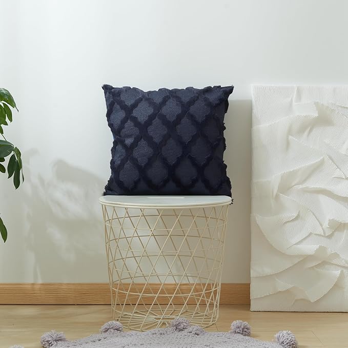 EMMTEEY Boho 18X18 Pillow Covers Set of 2 - Fluffy Stripe Single-Sided Embroidery with Soft Faux Fur, Boho Décor Pillow Case for Couch, Sofa Bedroom, Navy Blue