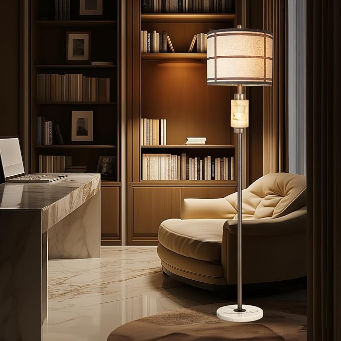 KIVDITZO Natural Alabaster Floor Lamp, Lamps for Bedroom, Tall Lamp with Night Light, Marble Base, Linen Shade,Living Room Lamp, Standing Lamp for Living Room Bedroom Office - Brown (Bulb Included)