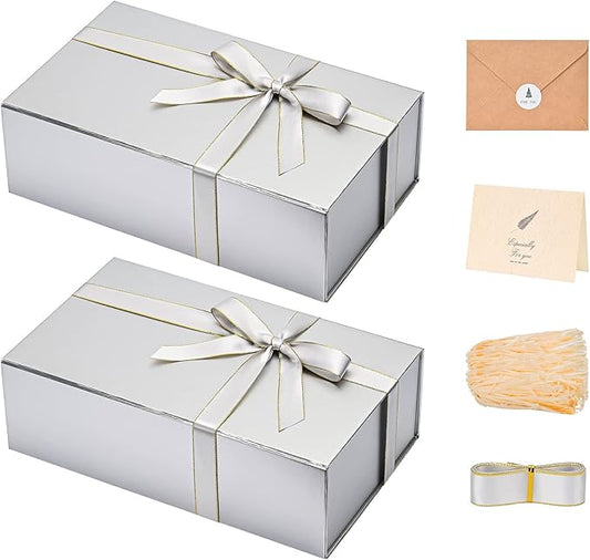 LIFELUM Large Gift Boxes with Lids, 2 Pack 13.8 x 8.3 x 4.4 inch Silver Gift Boxes with Ribbon, Card, Shredded Paper Filler for Presents, Graduation, Christmas, Birthdays