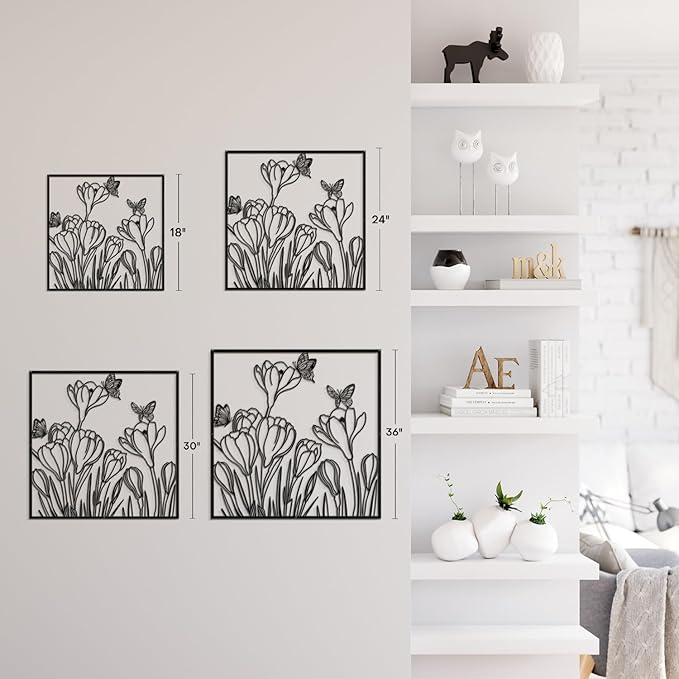 SIGNLEADER Metal Wall Art Decor Butterflies and Wildflowers Minimalist Modern Abstract Wall Sculpture Hangings Home Decoration for Living Room, Bedroom, Bathroom, Kitchen, Outdoor - 18" Black