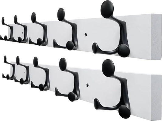 SKOLOO 30-Inch White Wood Coat Rack Wall Mount with 5 Triple Hooks - Ideal for Family Entrances, Classrooms, and Pet Supplies Storage - Perfect Coat Hooks for Wall, Pack of 2