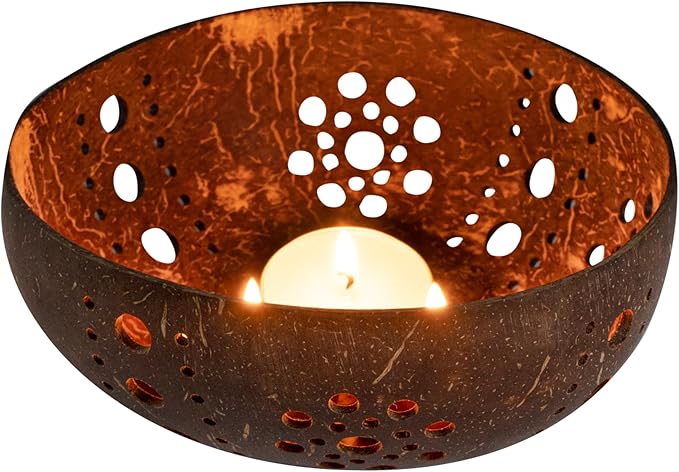 Restaurantware-Coco Casa 5.1 x 2 Inch Coconut Shell Candle Holder, 1 Reusable Tealight Holder - Candle Not Included, Sun Pattern, Brown Coconut Bowl for Candles, Handcrafted