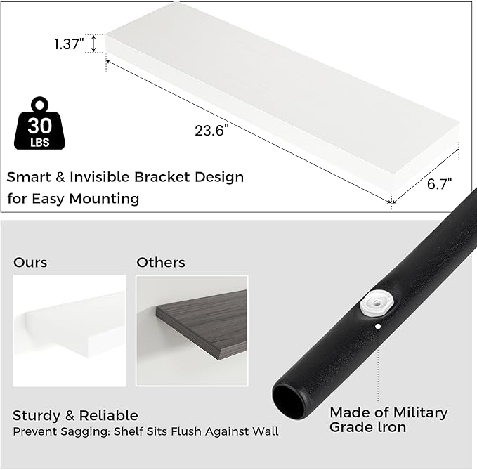 Floating Shelves for Wall 24"W x 6.7"D x 1.37"H, Engineered Wood Wall Shelves with Invisible Brackets for Living Room Bedroom Bathroom Office Kitchen Decor and Storage, White Finish, Set of 2