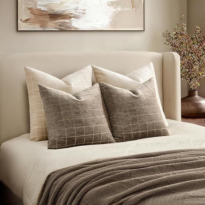 MIULEE Decorative Chenille Check Throw Pillow Covers Vintage Plaid Couch Pillows 20x20 Inch Set of 2 Neutral Boho Farmhouse Cushion Covers Modern Spring Home Decor for Sofa Bed Living Room Taupe Grey