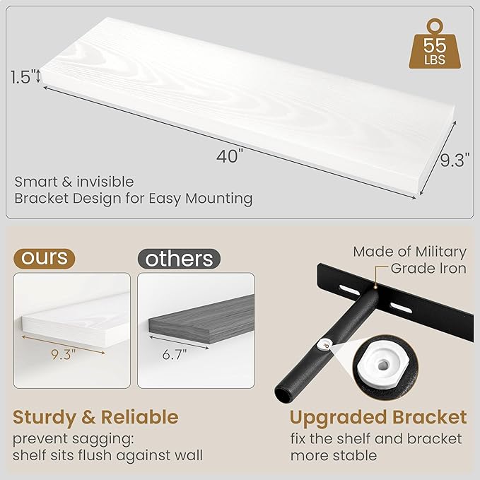 Fun Memories 40 Inch Floating Shelves in White, 9.3 Inch Deep Floating Shelf for Bathroom Living Room Kitchen, Rusitc Wall Mounted Bathroom Shelves 2 Pack, Heavy-Duty Deep Shelf for Books Decor