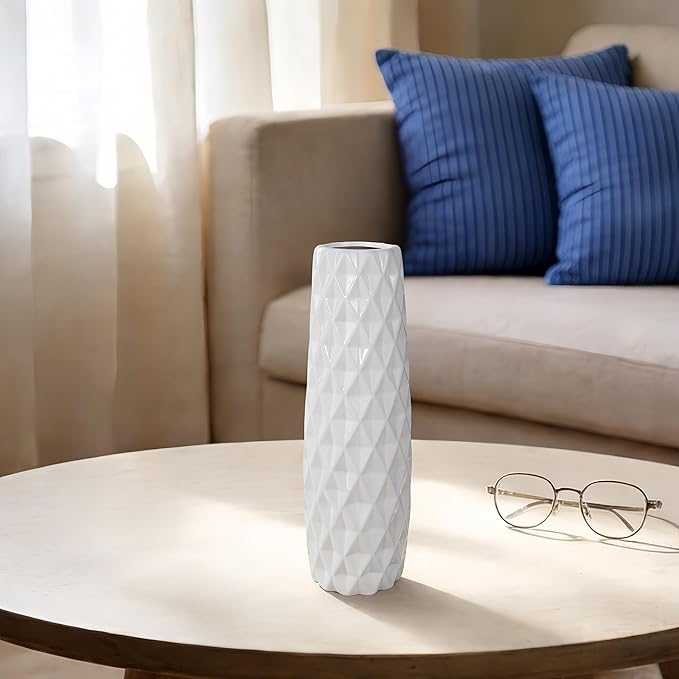 12 Inch White Vase Ceramic Flower Vase, Tall Vases for Pampas Grass, Home Decor, Modern Textured Vases for Living Room Decorations,Table Centerpieces,Shelf,Farmhouse Small Ceramic Vase
