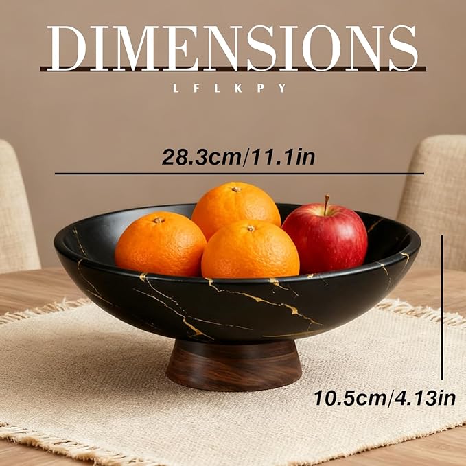 Black Marble Decorative Bowl with Wood Base – 11" Modern Pedestal Fruit Bowl for Dining Table, Kitchen or Entryway Décor