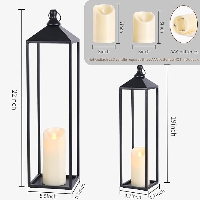 22'' 19'' Large Lanterns Decorative Outdoor Indoor, Set of 2 Black Metal Candle Lanterns Christmas Lanterns Modern Farmhouse Floor Lanterns Decorative for Home Decor, Mantle, Patio, Porch, Garden