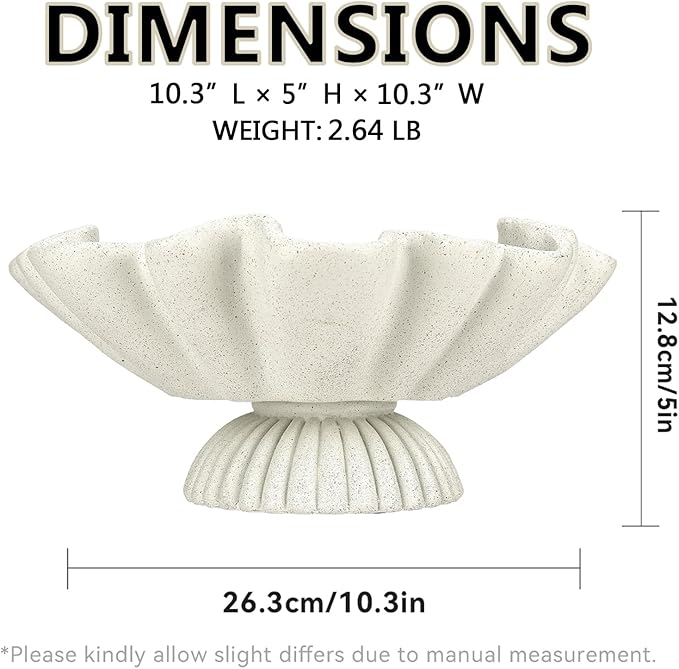 Large Decorative Bowls for Home - Fruit Pedestal Bowl for Coastal Decor - Scalloped Bowl - 10.3" Off-white Resin Unique Decor for Coffee Table