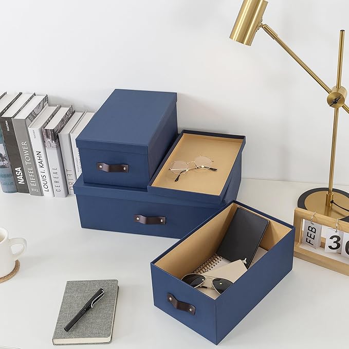 Soul & Lane Decorative Storage Boxes with Lids - Set of 3 (One Large and Two Medium), Sturdy Cardboard Organizers for Photos, Versatile Boxes with Handles for Office & Home, Navy