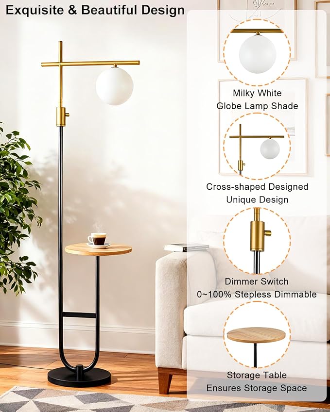 Lightdot 66IN Gold&Black Dimmable Floor Lamps with Storage Table, Modern Standing Tall Lamp with Milky White Globe Lampshade, Cross-Shaped Lamp Head and U-Pole Base Style for Living Room/Bedroom