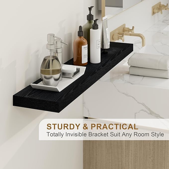 Fun Memories 55 Inch Fireplace Mantel Shelf -Long Floating Shelf, Wall Mounted Farmhouse Display Shelf with Invisible Heavy Duty Metal Bracket, Black