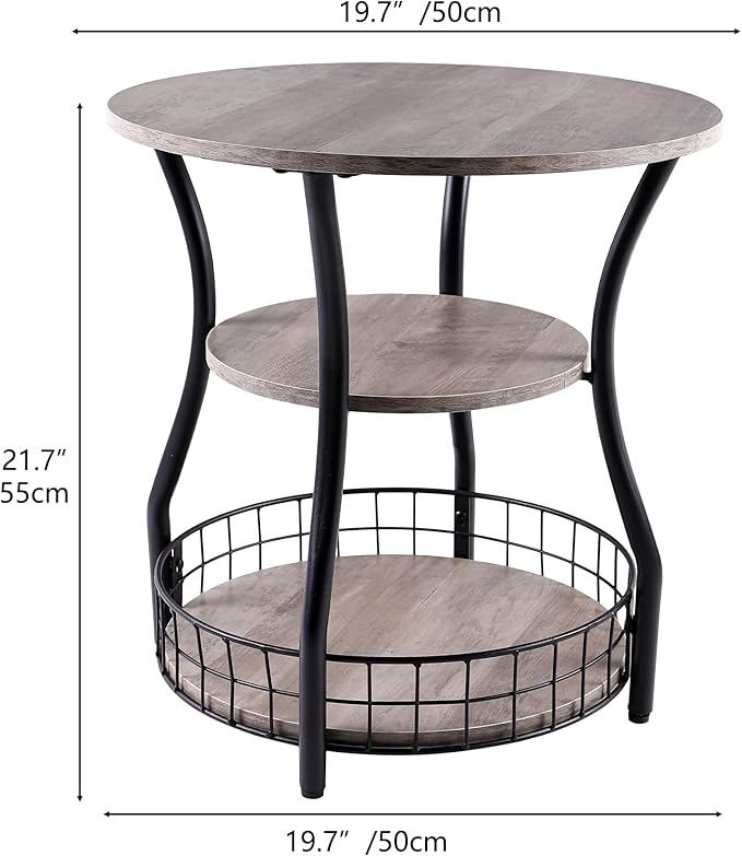 Small Side Table Round End Table with Storage Shelf Basket, 3-Tier Accent Corner Sofa Couch Side Tables Coffee Drink Table for Small Spaces,Round Nightstand for Living Room, Bedroom, Greige