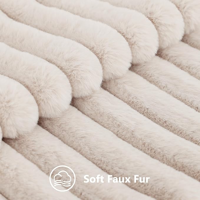 decorUhome Faux Fur Spring Throw Pillow Covers 18x18 Set of 2, Decorative Soft Plush Striped Neutral Couch Pillow Covers with Velvet Back for Sofa, Bed, Living Room Home, Beige