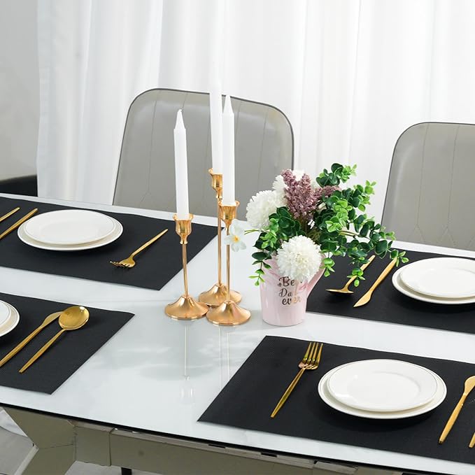 Placemats Set of 12，Non-Slip PVC Weave Table Mats Easy to Clean，Heat Resistant Place Mats for Kitchen Dining Table Decoration Indoor Outdoor，Black