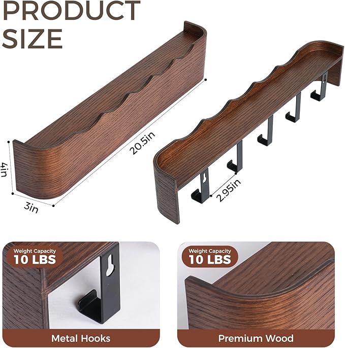 Wall Coat Rack Floating Shelves Modern Coat Rack Wall Mount with Storage Entryway Shelf Wooden Hanger 20 Inch 4 Hidden Metal Hooks for Living Room Bedroom (Wavy Walnut Color, 5 Hooks)