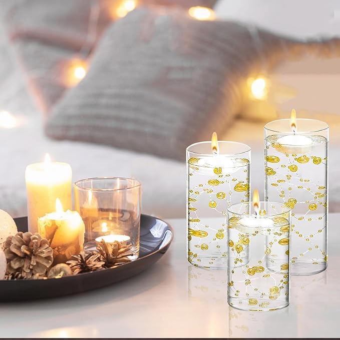 6 Set Glass Cylinder Vase with 8 Artificial Pearl String 12 White Floating Candle Multi-Size Cylinder Vase for Centerpieces 4"+ 6" + 8" Glass for Wedding Party Table Decor(6 Pcs-Gold)