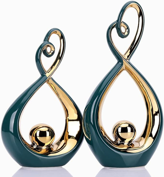 DOVDOV Modern Art Home Decor Statues, Unique Ceramic Abstract 2 Piece Set with Teal and Gold Accents for Home Decor Statues for Rooms, Bookshelves, Coffee Tables with Decorative Aesthetics.
