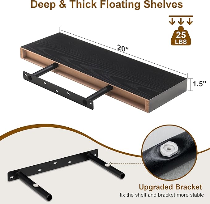 Fun Memories Floating Shelves for Wall, 20Inch Floating Shelves Set of 2, Hanging Shelf with Invisible Brackets, Wood Shelves for Living Room, Bedroom, Kitchen, Black