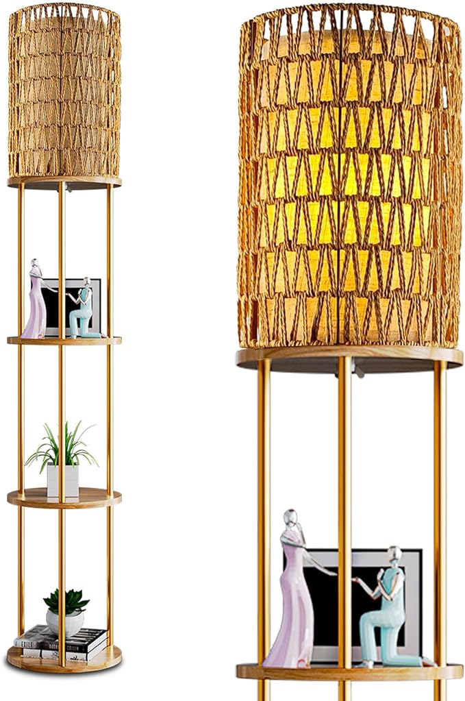 ACOHOOK 61" Rattan Floor Lamp with Shelves, 3-Tier Storage Shelves with 3000K E26 Bulb Included, 35lb Capacity Solid Wood Design, Corner Bookshelf Floor Lamps for Living Room, Bedroom Home Decor-Gold