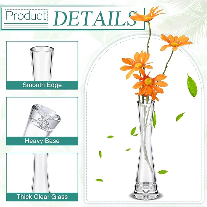 Sliner 6 Pcs Tall Glass Bud Vase for Centerpieces Clear Maria Bud Vase Small Single Flower Vase Rose Skinny Decorative Cylinder Vases for Wedding Party Home Table Decorations(7.87'' H)