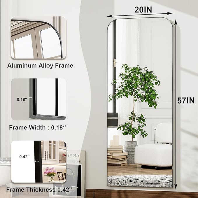 HARRITPURE 57"x20" Full Length Mirror, Black Rounded Corner Aluminum Frame Standing Mirror, Hanging/Leaning Wall Floor Mirror with Stand for Living Room Bedroom Cloakroom