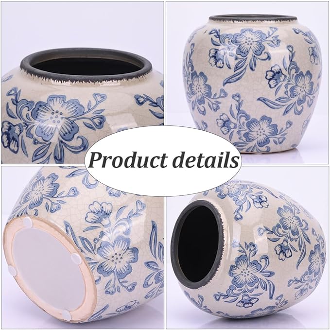 Blue and White Vase - 7.1 Inchs Vintage Ceramic Vases for Home Decor, Farmhouse Flower Vase for Living Room and Kitchen, Vintage Pottery Decor for Table Shelf and Mantle, Chinoiserie Decor Vases