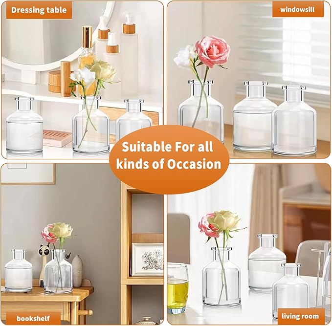 6 Pcs Bud Vases, 2 x 2.75 inch Clear Glass Bud Vase, Mini Flower Vases, Small Living Glass Vase Bulk for Flowers Centerpieces Home Table Decor Living Room Office Decor