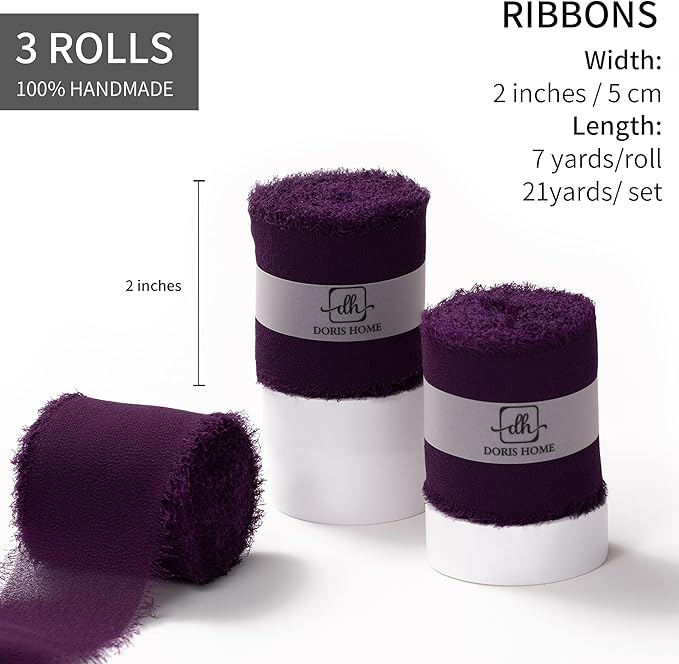 DORIS HOME Plum Chiffon Ribbon for Flower Bouquet, 2" x21Yd Fabric Ribbon for Gift Wrapping, Handmade Frayed Ribbon for Wedding, Chiffon Silk Ribbon for Christmas Decorations