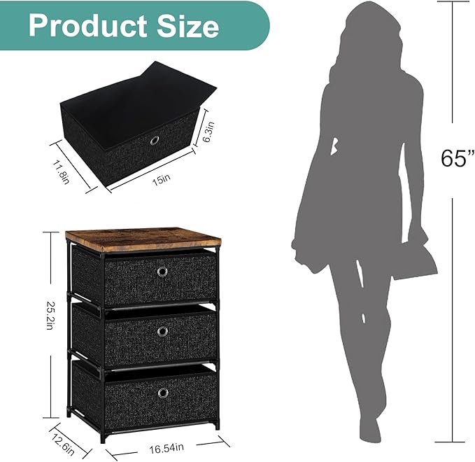 Nightstand with 3 Drawers, Clothes Storage Organizer, Small Fabric Dresser for Bedroom, Closet, Entryway, Hallway, Nursery, Dorm