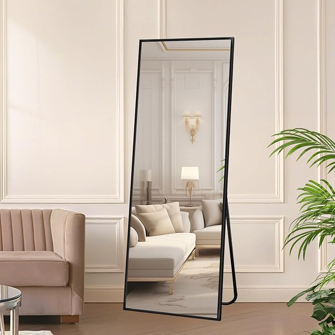 Full Length Mirror with Stand, Shatterproof Full Body Mirror, Aluminum Alloy Thin Frame - Freestanding/Leaning/Wall Mount for Bedroom, Living Room & Entryway (Black)