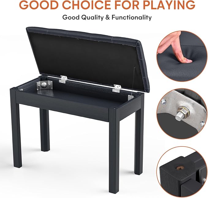 ZHRUNS Duet Piano Bench Wooden Keyboard Bench with Storage Compartment, 29'' Piano Chair Seat with Padded Cushion, Long Piano Stool Black