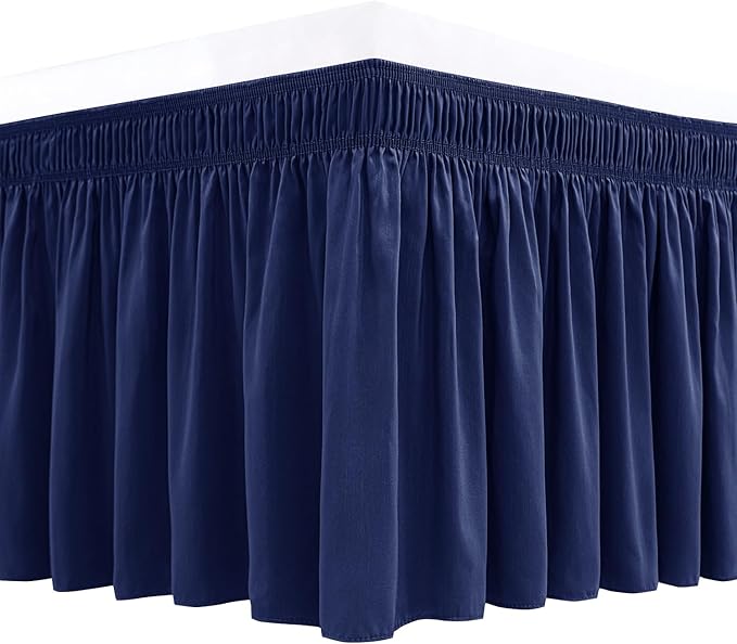 Biscaynebay Wrap Around Bed Skirts for Full & Full XL Beds 17" Long Drop, Navy Adjustable Elastic Dust Ruffles Easy Fit Wrinkle & Fade Resistant Silky Luxurious Fabric Solid Machine Washable