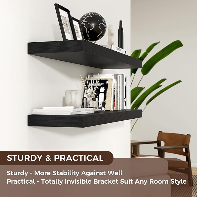Floating Shelves for Wall, Engineered Wood Wall Shelves with Invisible Brackets for Living Room Bedroom Bathroom Office Kitchen Decor and Storage (Black, 48" W x 9" D x 1.5" H) Set of 2