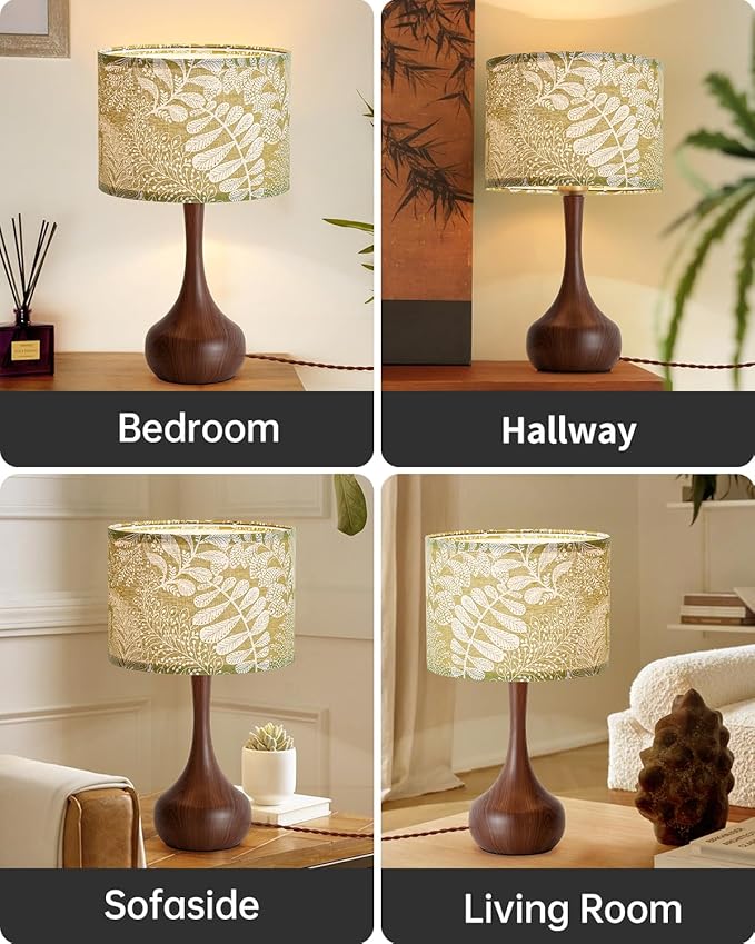 Vintage Boho Green Flower Fabric Red Wood Pattern Bedside Nightstand Table Lamp Set of 2 for Bedroom, Mid Century Modern Farmhouse Decorative Table Lamp Desk Lamp for Living Room Hallway Home Office