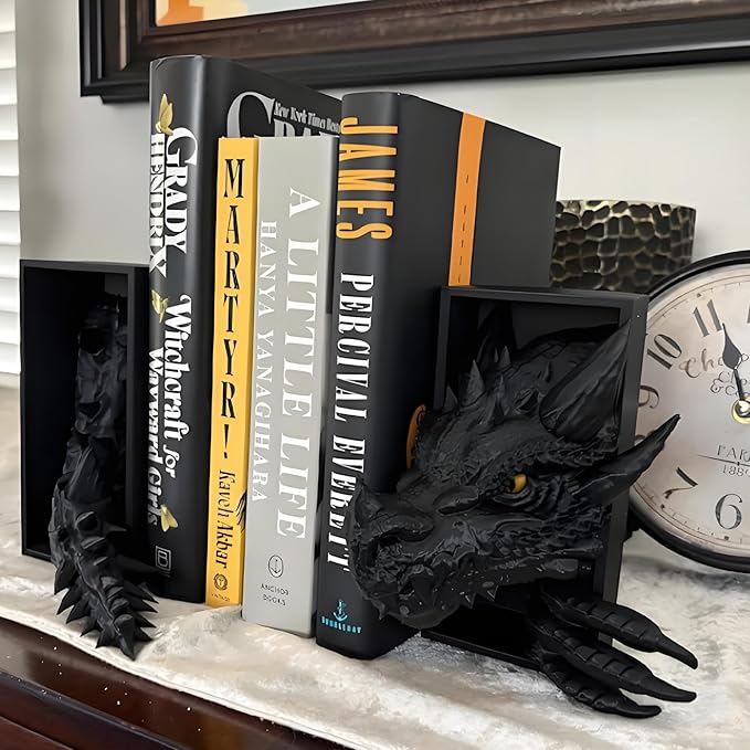 Dragon Bookshelf Decor Gothic Fantasy Bookends Black Animal Statues for Shelves Book Lovers Gifts Unique Resin Shelf Holder Set (10"*6.1"*4.9") Home Office Decorative