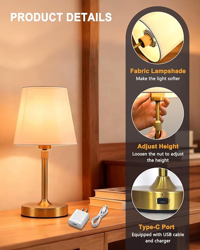 Small Cordless Lamp, Dimmable Rechargeable Table Lamp, 5400mAh Battery Operated, Portable Gold Touch Desk Lamp for Bedside, Kitchen, Counter, White Fabric Shade, E14 2700K Bulb Included
